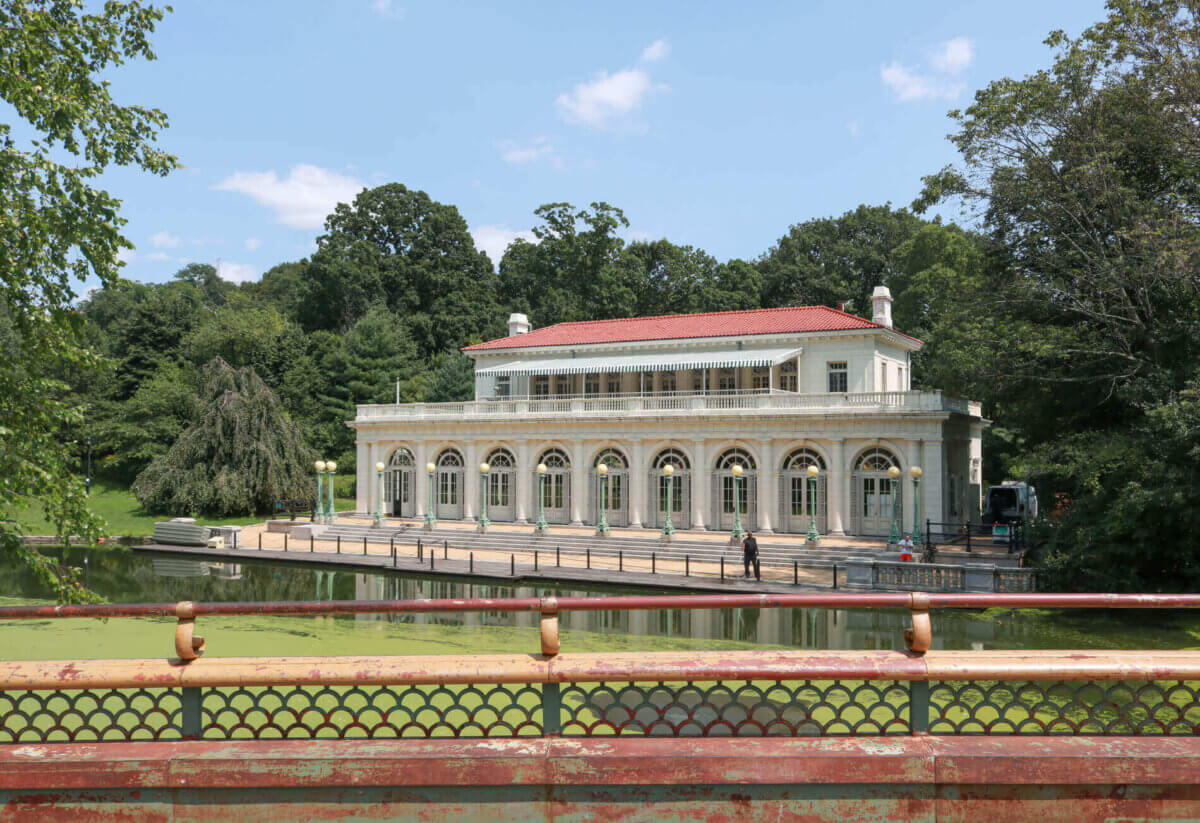 Prospect Park Boathouse on the water.