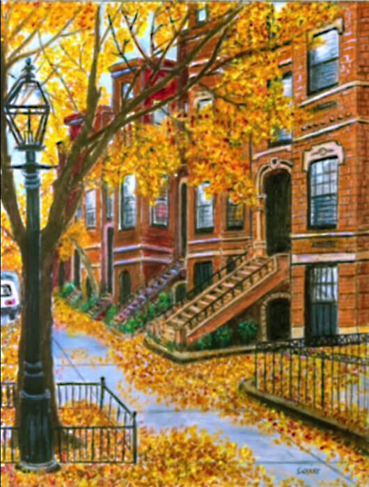 painting of brownstone in fall