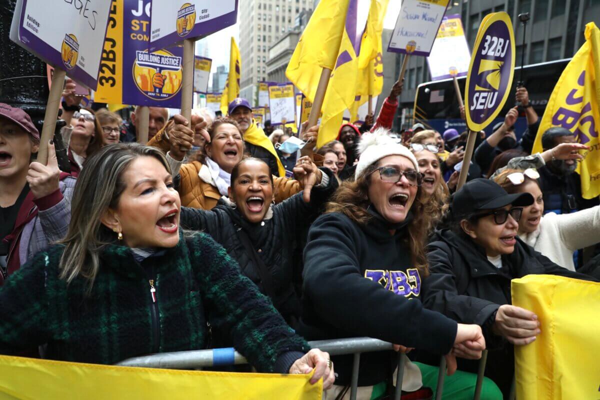 After pandemic-related layoffs, SEIU 32BJ cleaners rally for fair pay and healthcare as contract negotiations begin.