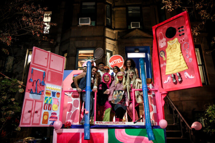 people in barbie outfit at Park Slope Halloween parade