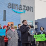 lawmakers in front of amazon e-commerce warehouse in red hook