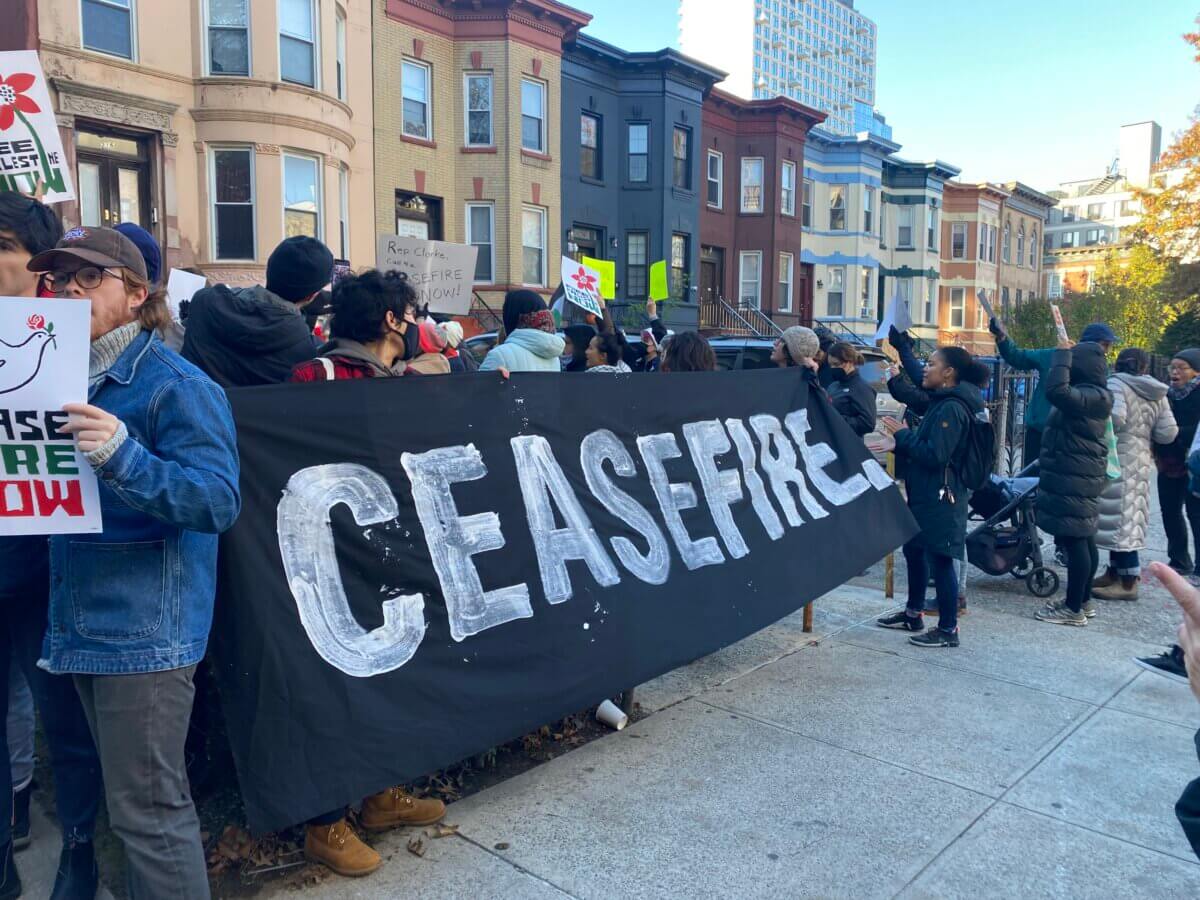 Brooklynites demand that Congress Woman Yvette Clarke call for an immediate ceasefire in Gaza, and that she refuse to support US funding for weapons to Israel.