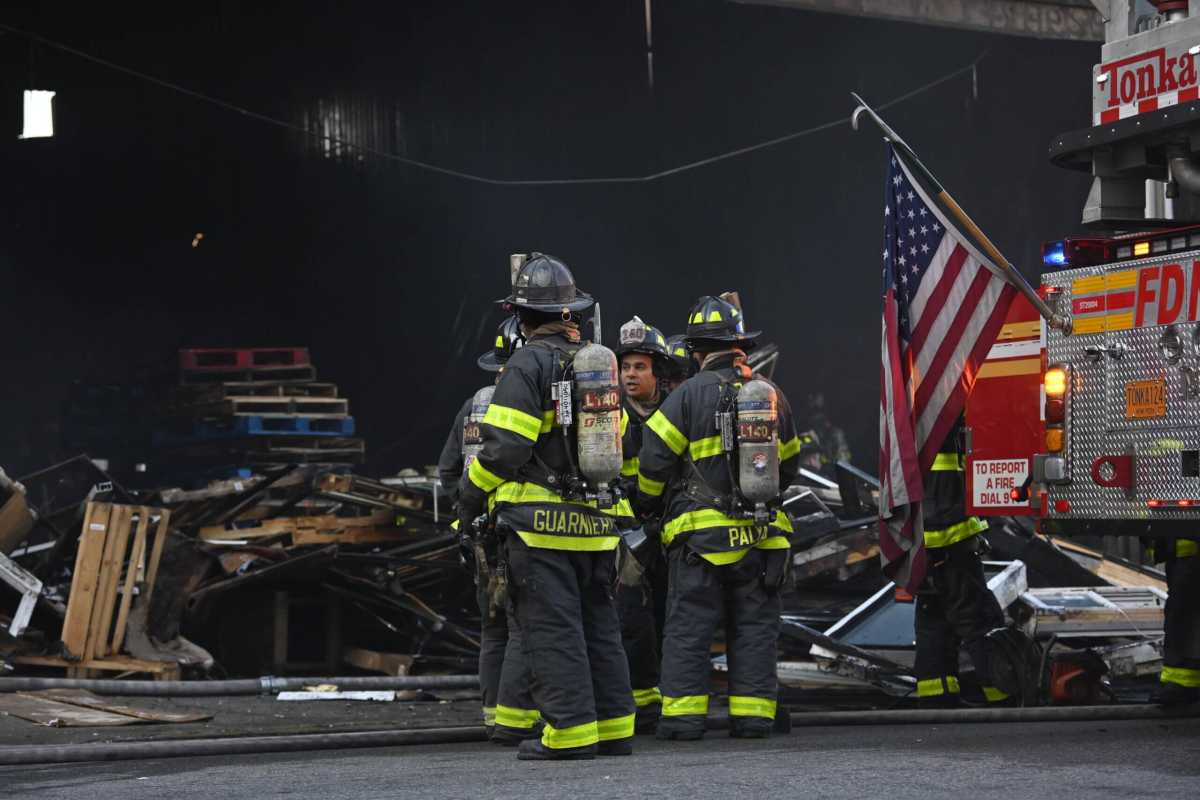 firefighters at Bushwick factory fire