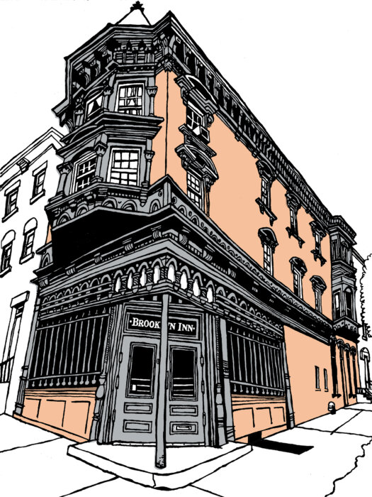 seeing double drawing of brooklyn inn exterior