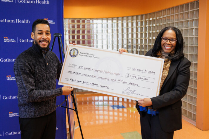 From left: Brooklyn Borough President Antonio Reynoso and Gotham Health Centers CEO Michelle Lewis pose for a photo as Reynoso presents a check for $1.1 million in capital funding for Gotham Health sites in Brooklyn during a news conference at NYC Health + Hospitals/Gotham Health, Cumberland on Monday, Jan. 8, 2024.