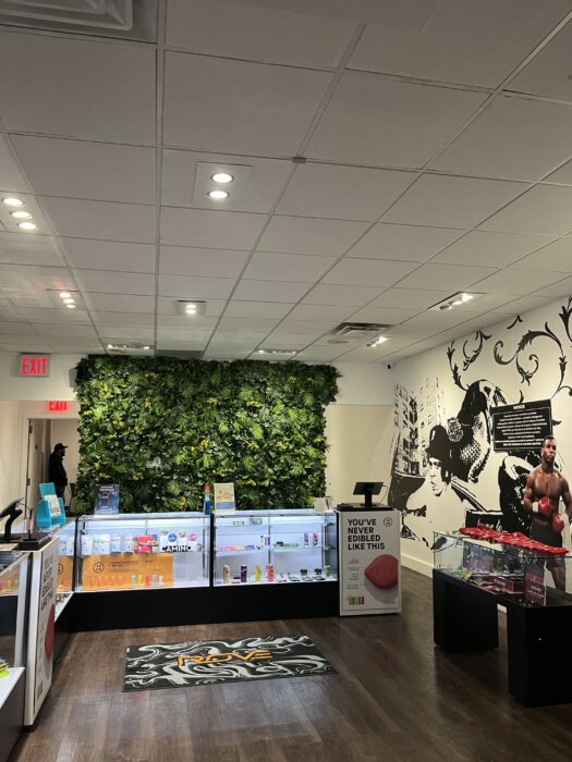 Designed to evoke the “concrete jungle,” the open floor plan boasts floor-to-ceiling windows, a full wall of Brooklyn murals by artist Shaun Lee, and a music wall paying homage to Brooklyn musicians.