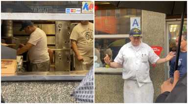Johnny Miniaci Jr. addressed the crowd as staff worked to keep up with the flood of orders Wednesday