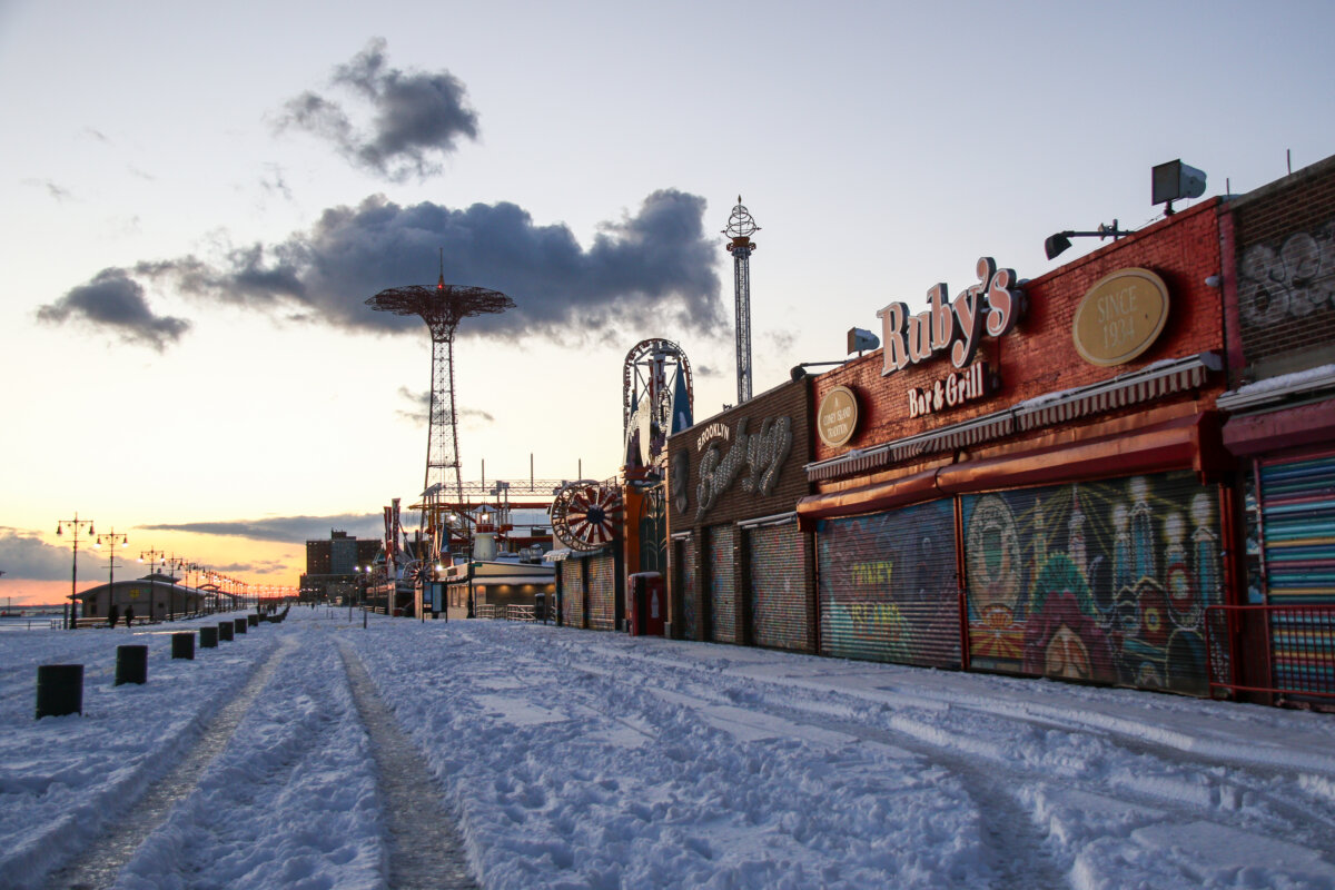 snow on coney island boardwalk