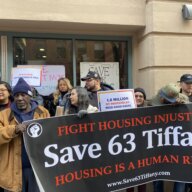 Residents of 63 Tiffany Place rally for legislature that would prevent landlords from pushing out longterm tenants.
