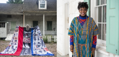 Fawundu pictured left in 2020 in front of Lefferts Historic House in a still from 'In the Face of History Freedom Cape' c. Adama Delphine Fawundu and Fawundu pictured right, in front of Lefferts Historic House in 2024