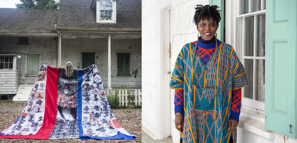 Fawundu pictured left in 2020 in front of Lefferts Historic House in a still from 'In the Face of History Freedom Cape' c. Adama Delphine Fawundu and Fawundu pictured right, in front of Lefferts Historic House in 2024