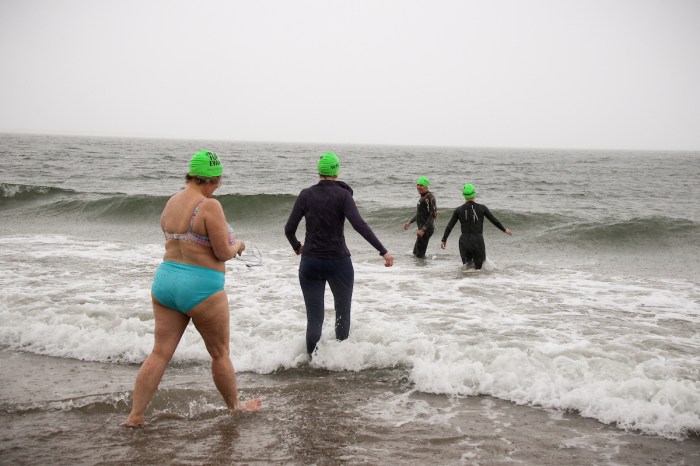 Swimmers mark one year anniversary of journalist's imprisonment with Brighton Beach plunge.