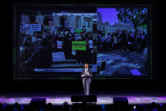 Brooklyn Borough President Antonio Reynoso speaks during his state of the borough address at CUNY City Tech on Wednesday, March 13, 2024.