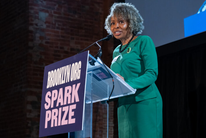 leader of the brooklyn org at spark prize podium