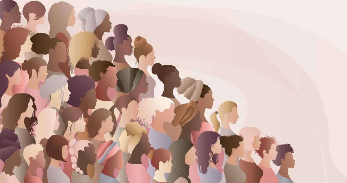 Multicultural women and girls. Portrait front and profile view silhouette. Women’s day. Female social community of diverse culture. Equality. Colleagues. Empowerment or inclusion. Banner