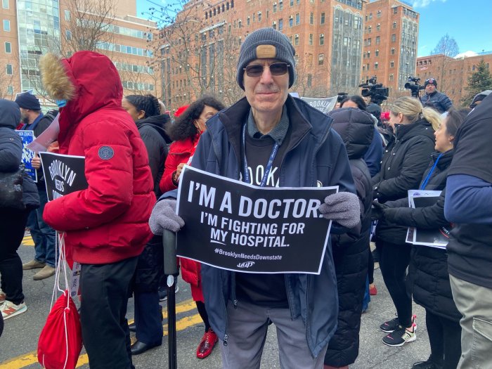 SUNY Downstate Emergency physician, Dr. Joel Gernsheimer, protests potential medical center closure.