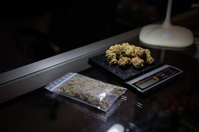 Raw marijuana weighed on a scale next to a bag of marijuana ready to be sold.