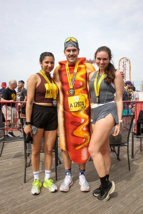 man in hotdog outfit at Brooklyn Half Marathon