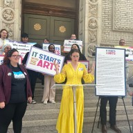 Art educators and advocates held a rally in downtown Brooklyn calling for support of public school art education.