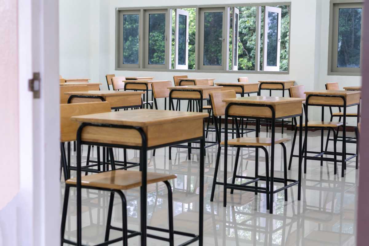 School empty classroom no childrens when COVID-19 disease outbreak and closed quarantine, no pupils in school and student study at home. Education learning problem in future and new normal life