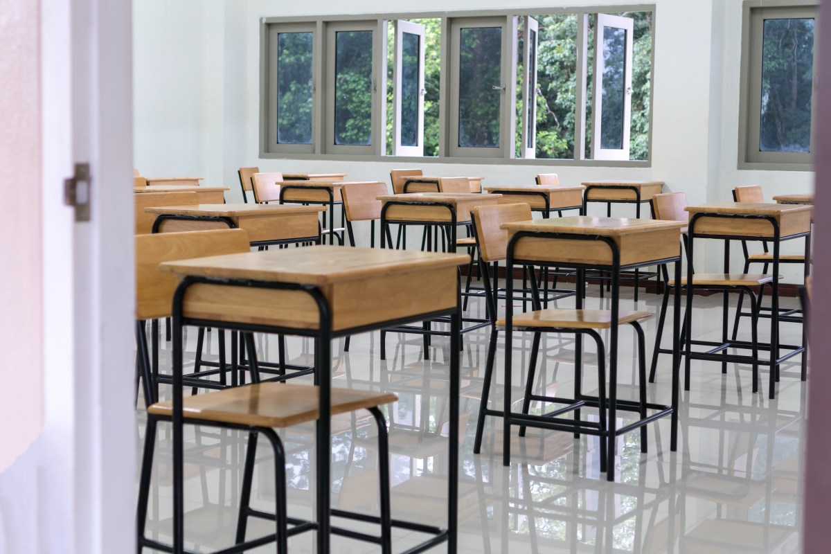 School empty classroom no childrens when COVID-19 disease outbreak and closed quarantine, no pupils in school and student study at home. Education learning problem in future and new normal life