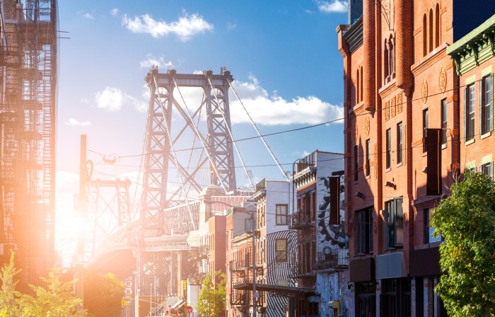 New York City sunlight shining on the Williamsburg Bridge in Brooklyn NYC