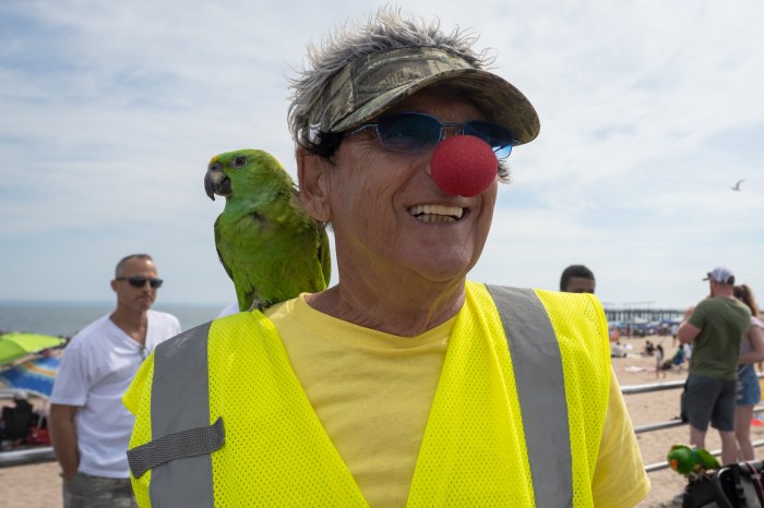 man with parrot in coney island