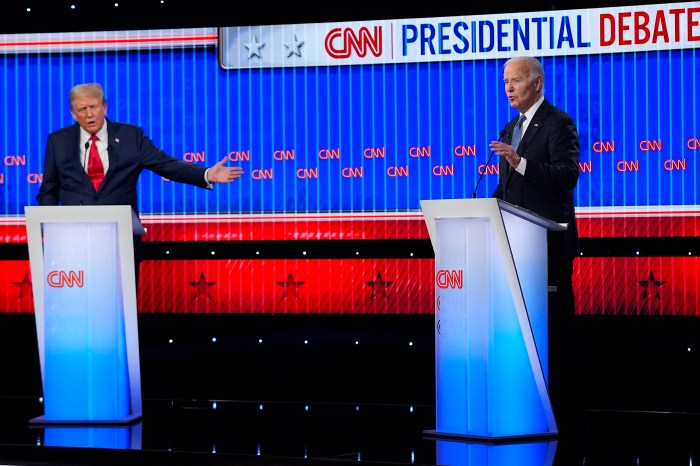 Biden and Trump at podiums for debate