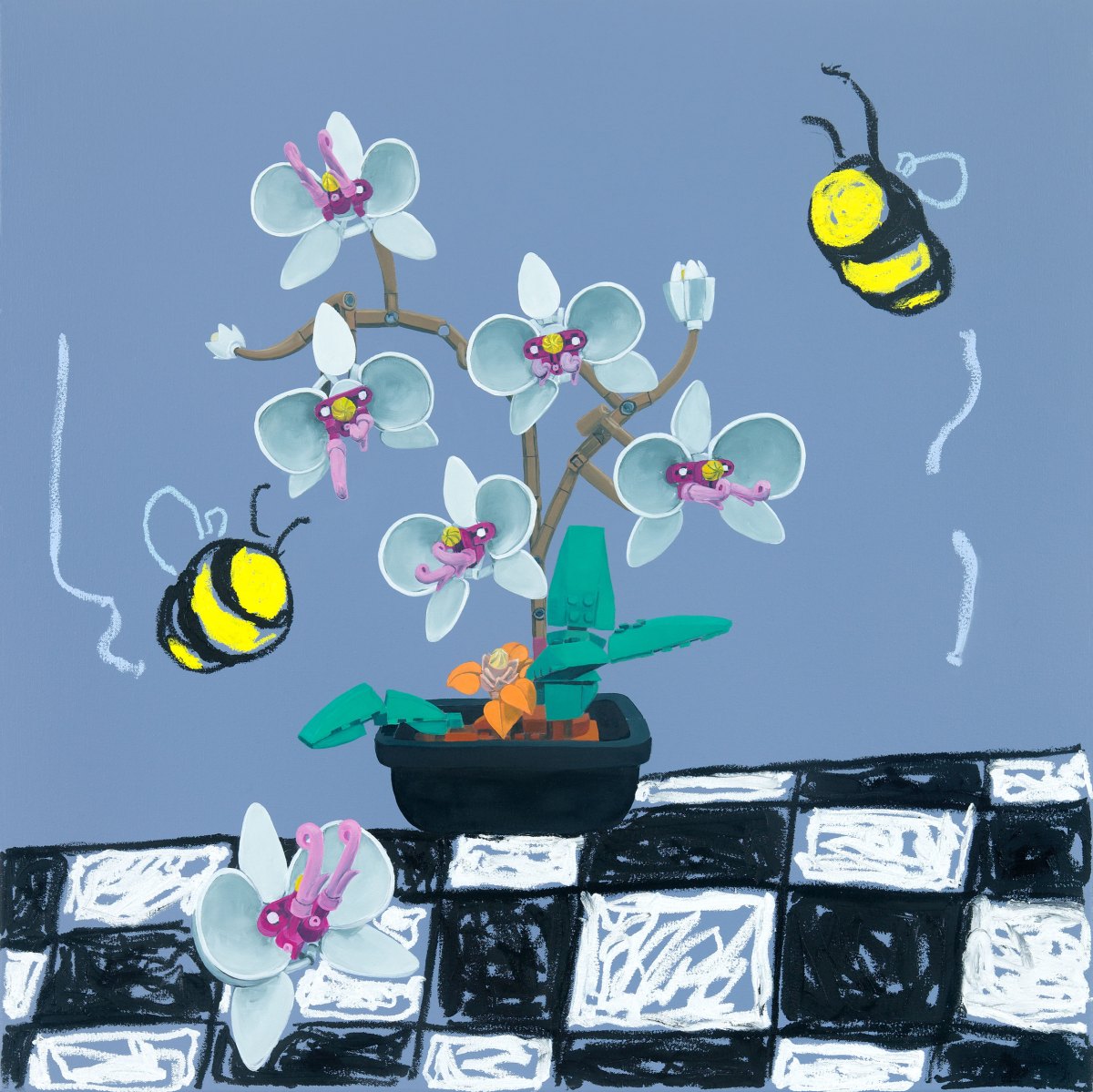 Buzzing Around II. 36 x 36 inches. Oil and acrylic on canvas