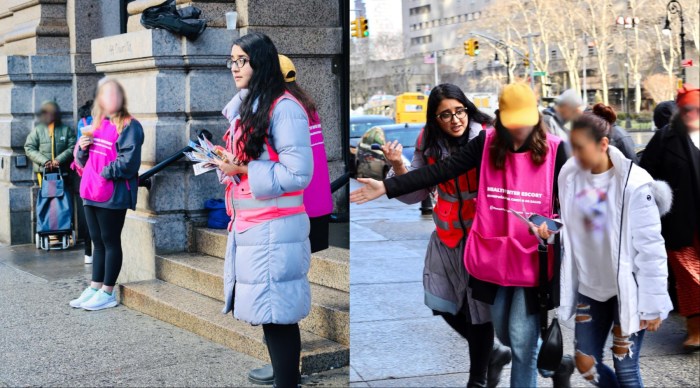 Photos shared by the AG's office allegedly show Patel (R) at the entrance to Planned Parenthood in Brooklyn with anti-abortion literature on January 13, 2024 and (L) accosting a clinic escort and patient attempting to enter Planned Parenthood in Brooklyn on January 13, 2024.