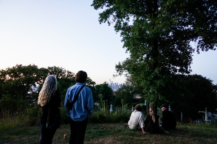 people look at manhattan from Green-Wood Cemetery