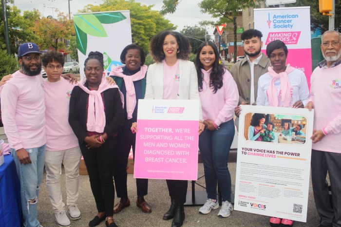 Council Member Sandy Nurse poses with representatives from BACDYS and the American Cancer Society at the “Go Pink” Ribbon Tying Event on Oct. 3.