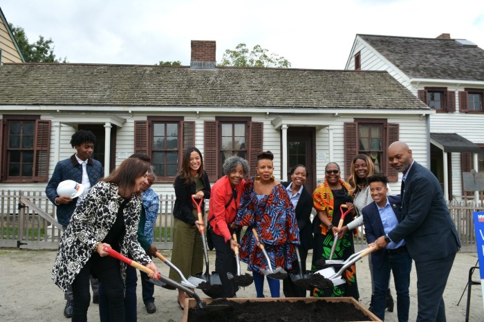 DDC, DCLA, Weeksville Heritage Center, elected officials, and community members during Monday's groundbreaking ceremony for Hunterfly Road Houses at Weeksville