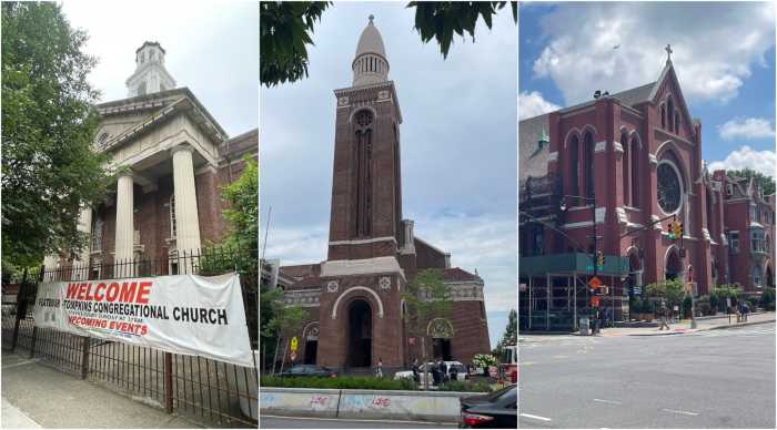 (L to R) Flatbush -Tompkins Congregational Church, Ditmas Park; St. Michael’s Roman Catholic Church, Sunset Park; Holy Family-St. Thomas Aquinas, Park Slope