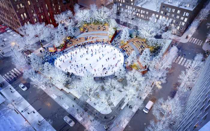 The new 7,000-square-foot rink aims to transform Domino Square into a winter wonderland