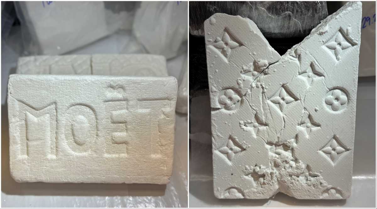 DEA laboratory analysis determined that kilogram packages included 33 kilograms of cocaine, some labelled “MOËT” and “AMIRI,” and over six kilograms of fentanyl, some marked with Louis Vuitton symbols.
