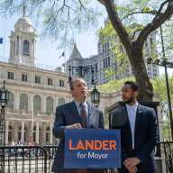 brad lander and antonio reynoso outside city hall