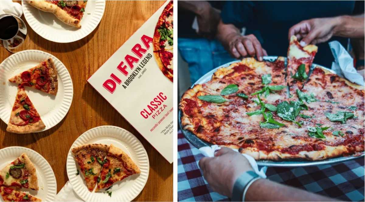 frozen di farra pizza and person eating pizza