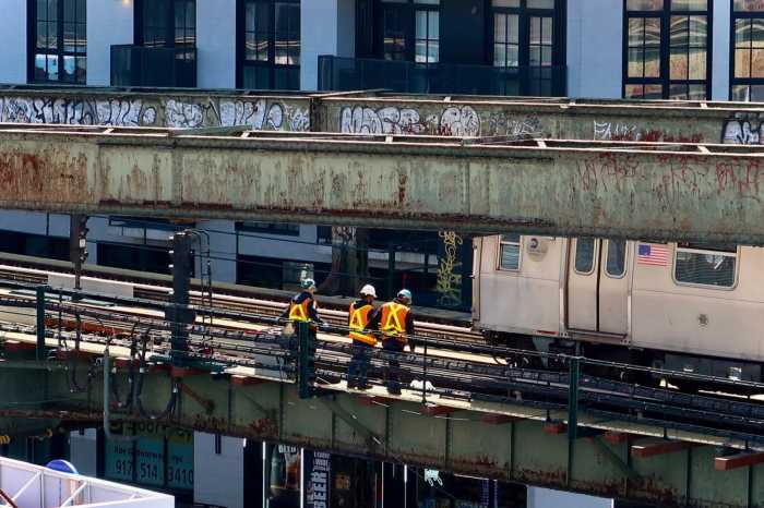 construction workers on m line in bushwick