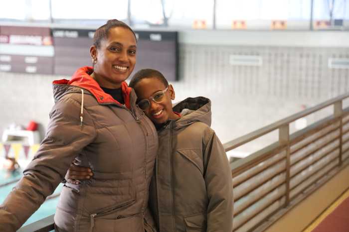 woman with son at brooklyn college pool 