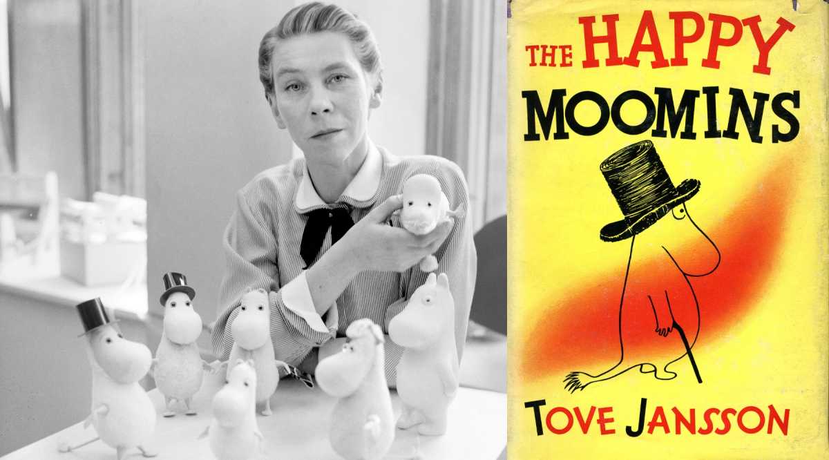 tove jannson in black and white and book cover for BPL moomins exhibit