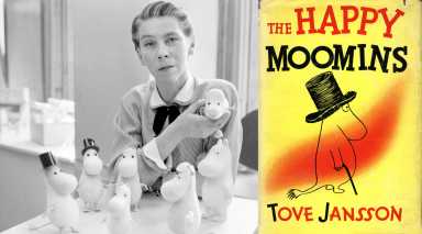 tove jannson in black and white and book cover for BPL moomins exhibit