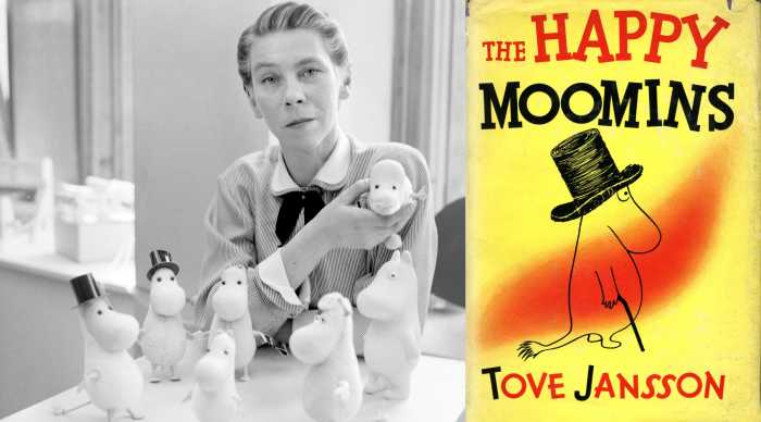 tove jannson in black and white and book cover for BPL moomins exhibit
