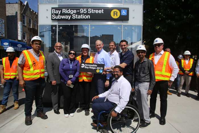 people at opening of elevators at bay ridge-95th street station